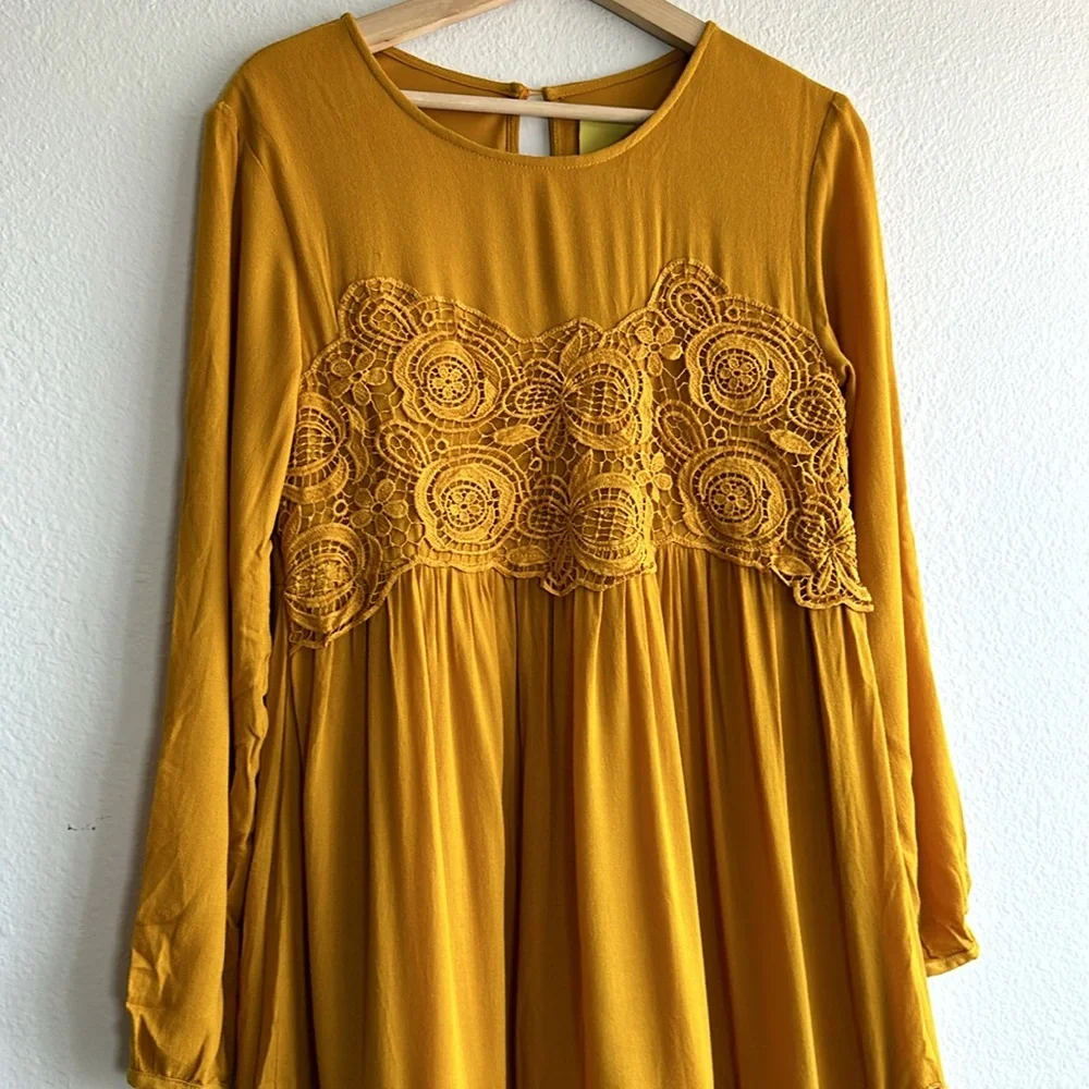 Anthropologie Maeve Mustard Yellow Long Sleeve Lace Detail Dress Sz. S - Picture 3 of 7